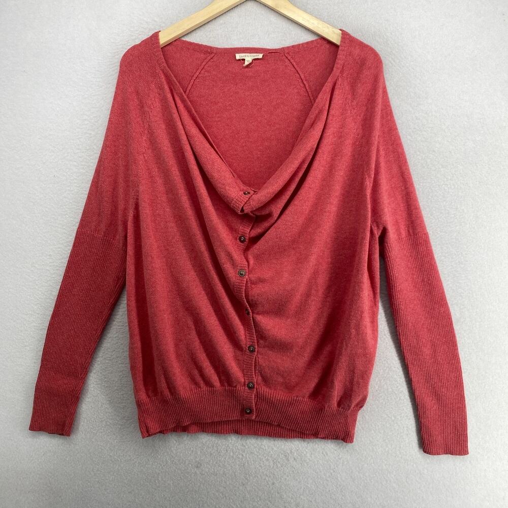 EILEEN FISHER Sweater M Organic Cotton Cardigan Draped Cowl Button Up Red Pink